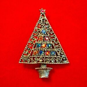 Christmas tree brooch vintage 1970s 10 colorful AB rhinestones